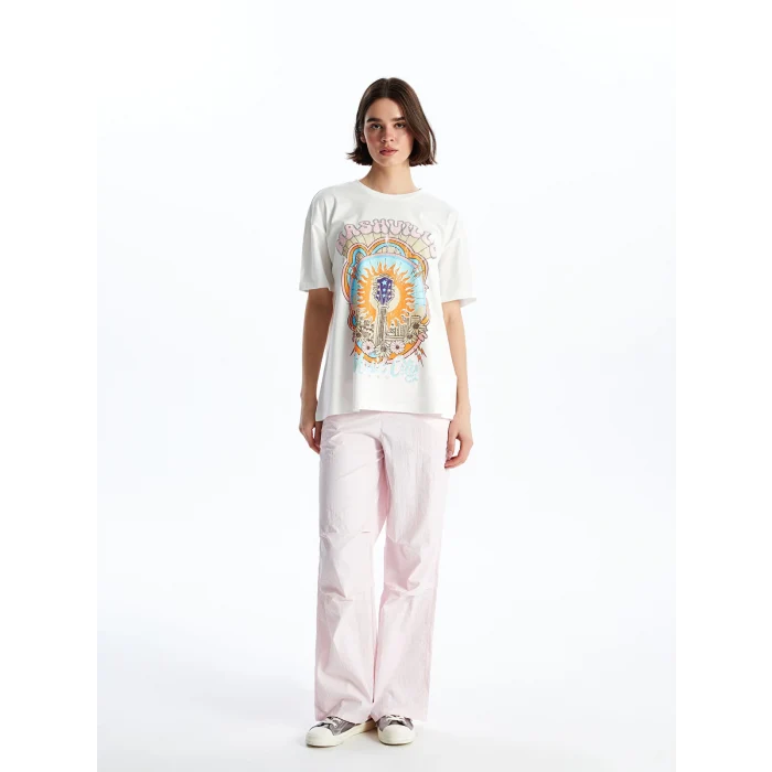 XSIDE Ekru Bisiklet Yaka Baskılı Kısa Kollu Kadın Tişört