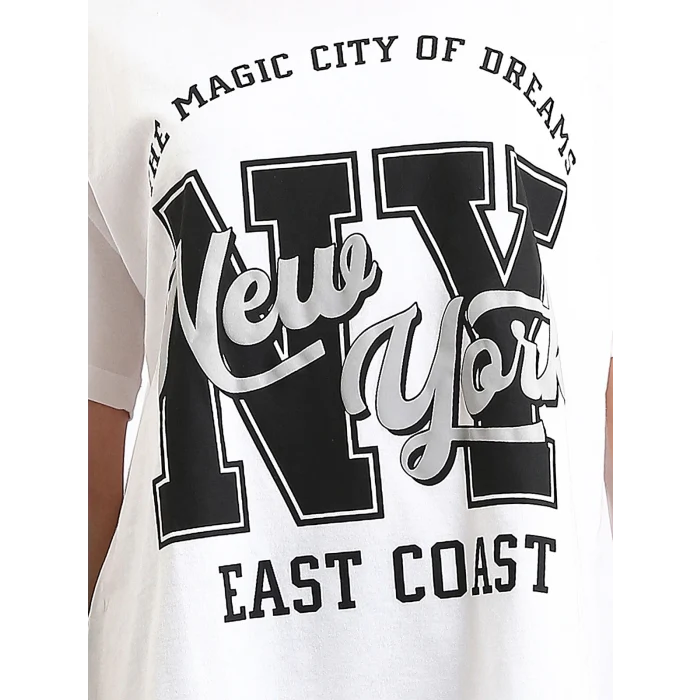 XSIDE Ekru Bisiklet Yaka Baskılı Kısa Kollu Kadın Tişört