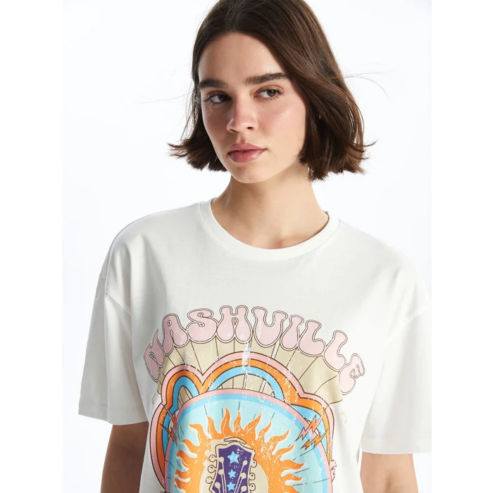 XSIDE Ekru Bisiklet Yaka Baskılı Kısa Kollu Kadın Tişört