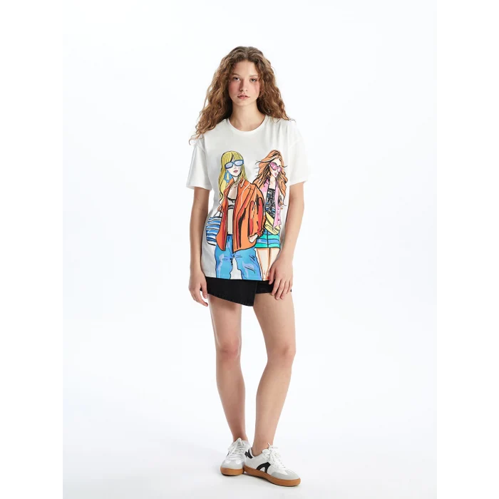 XSIDE Ekru Bisiklet Yaka Baskılı Kısa Kollu Kadın Tişört