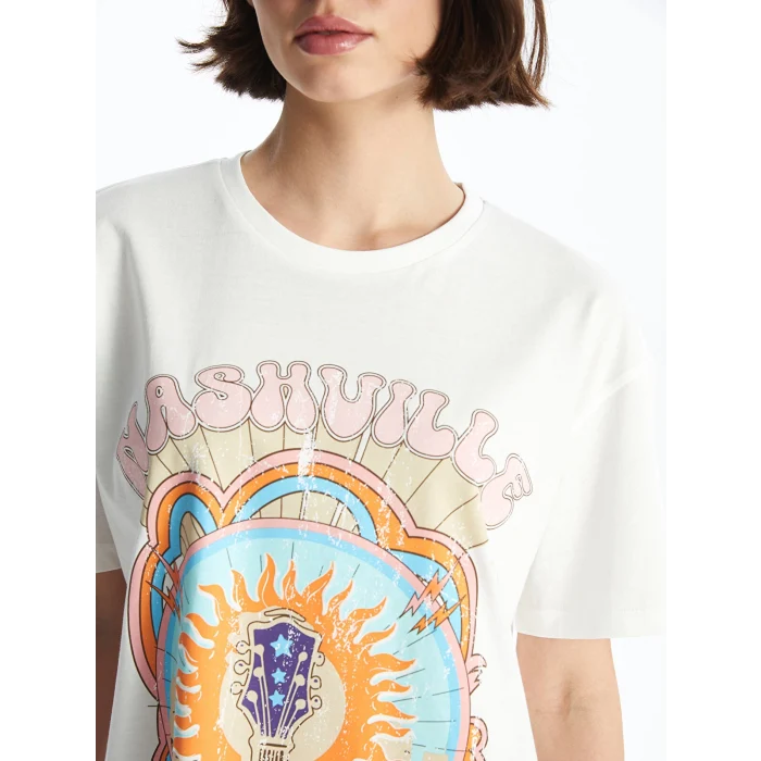 XSIDE Ekru Bisiklet Yaka Baskılı Kısa Kollu Kadın Tişört