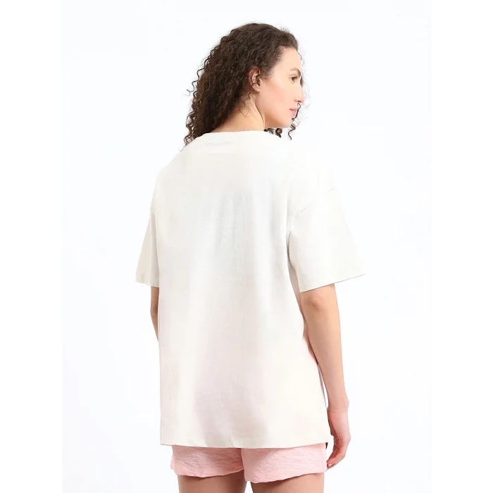 XSIDE Ekru Bisiklet Yaka Baskılı Kısa Kollu Kadın Tişört