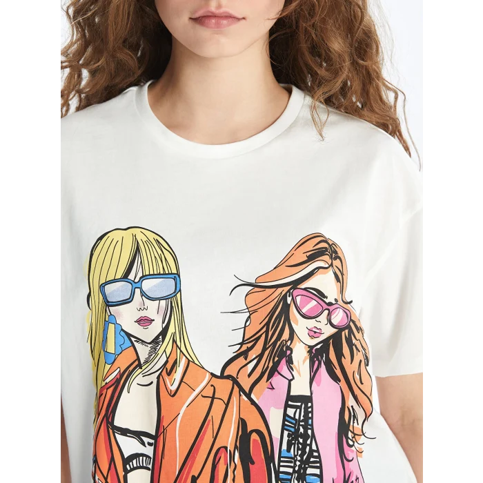 XSIDE Ekru Bisiklet Yaka Baskılı Kısa Kollu Kadın Tişört