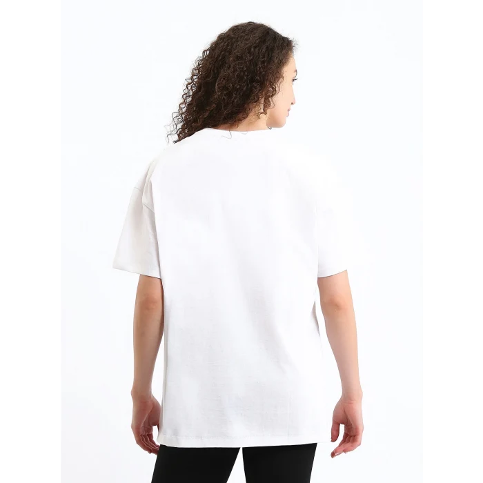 XSIDE Ekru Bisiklet Yaka Baskılı Kısa Kollu Kadın Tişört