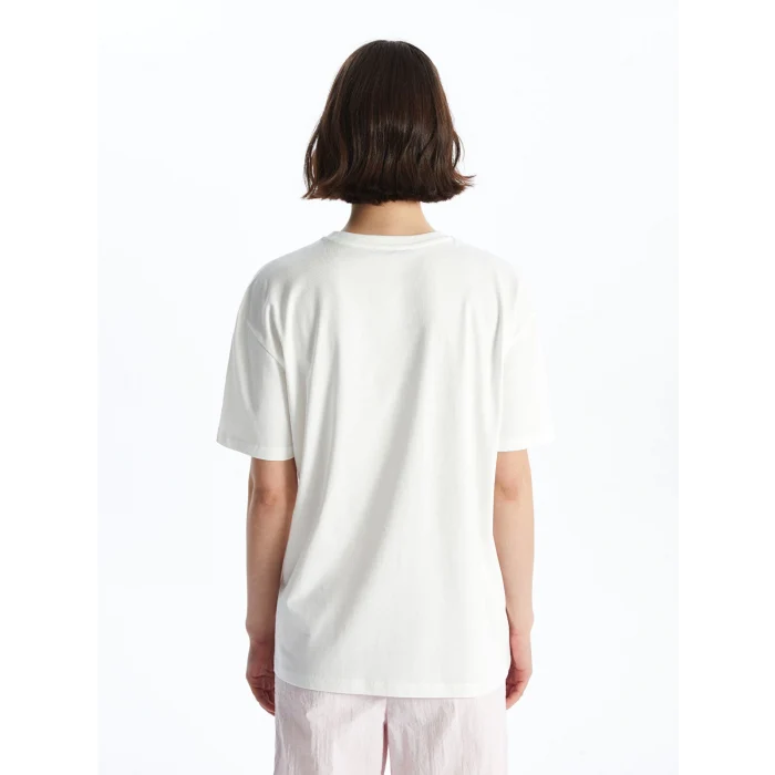 XSIDE Ekru Bisiklet Yaka Baskılı Kısa Kollu Kadın Tişört