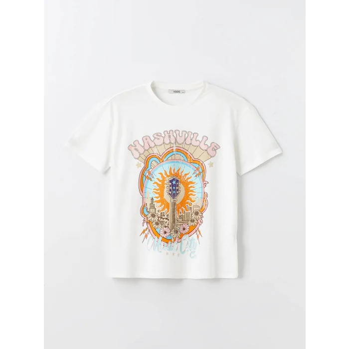 XSIDE Ekru Bisiklet Yaka Baskılı Kısa Kollu Kadın Tişört