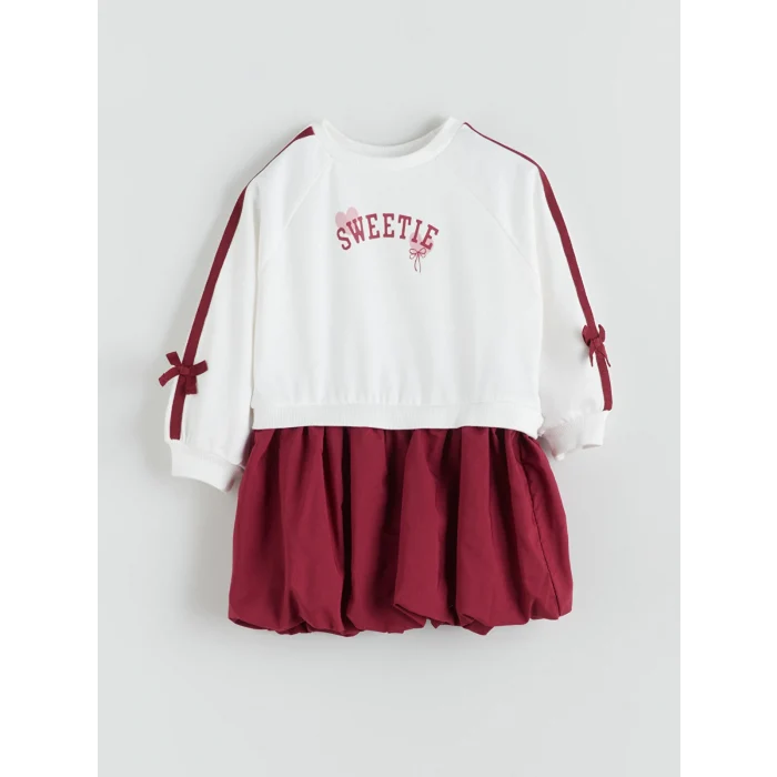 LCW Kids Ekru Bisiklet Yaka Baskılı Kız Çocuk Elbise