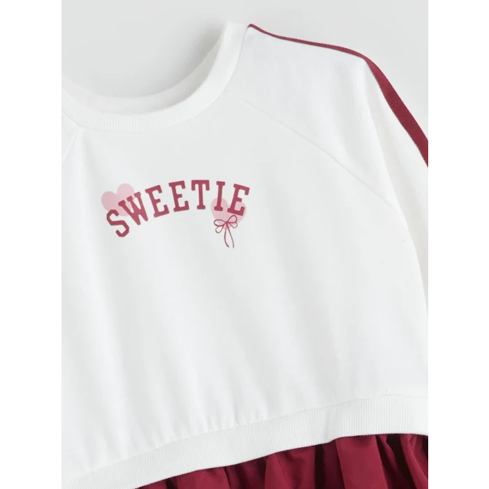 LCW Kids Ekru Bisiklet Yaka Baskılı Kız Çocuk Elbise