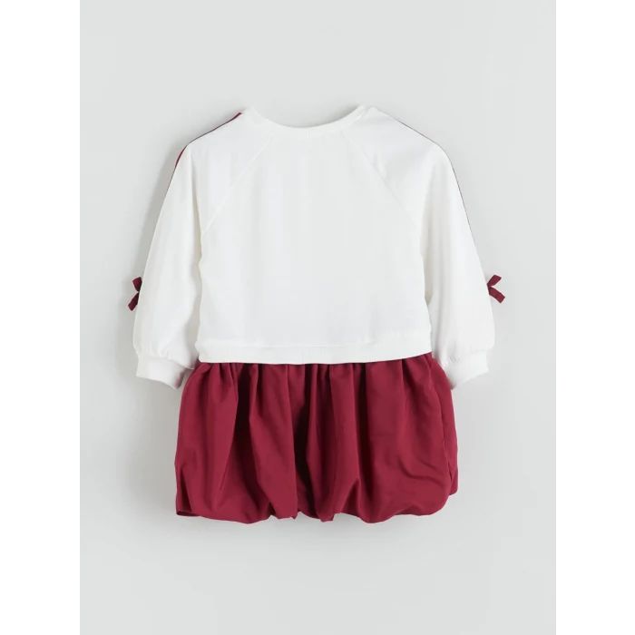 LCW Kids Ekru Bisiklet Yaka Baskılı Kız Çocuk Elbise