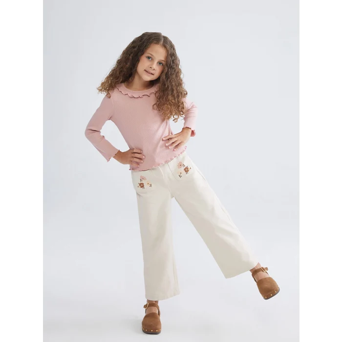 LCW Kids Ekru Beli Lastikli Çiçekli Kız Çocuk Pantolon