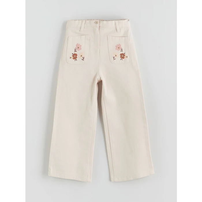 LCW Kids Ekru Beli Lastikli Çiçekli Kız Çocuk Pantolon