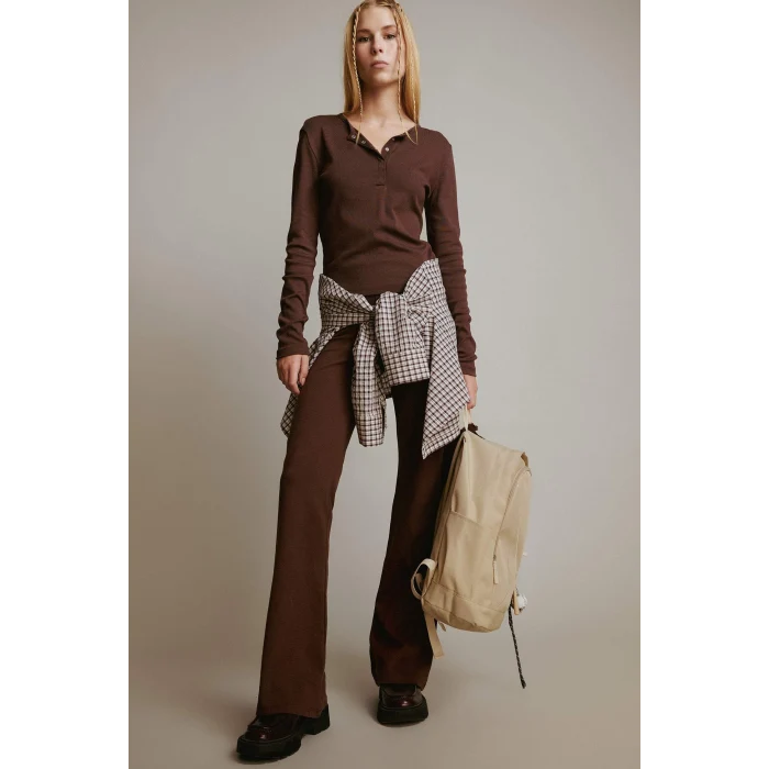 Defacto E7680AXBN539 Kahve Coool Fitted Düğmeli Yaka Ribana Uzun Kollu Tişört