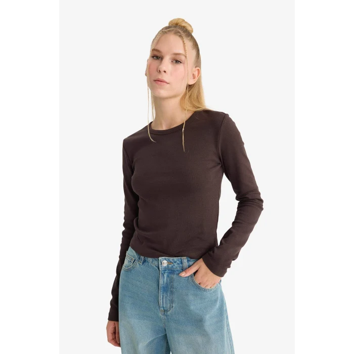 Defacto E7797AXBN267 Kahve Coool Fitted Bisiklet Yaka Ribana Uzun Kollu Tişört