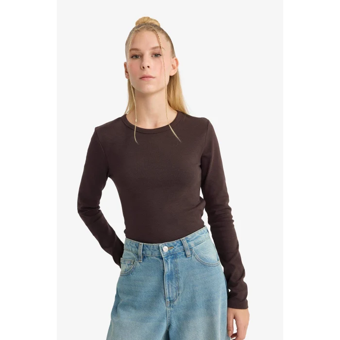 Defacto E7797AXBN267 Kahve Coool Fitted Bisiklet Yaka Ribana Uzun Kollu Tişört