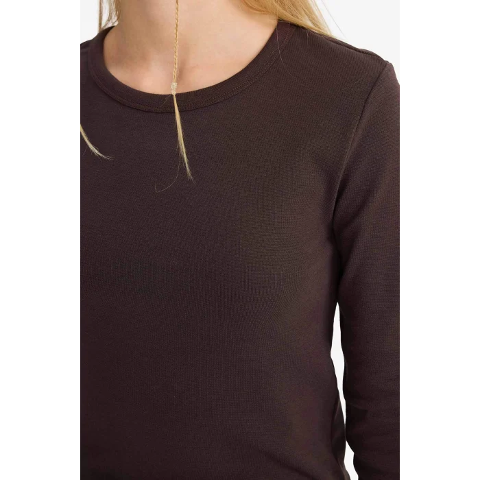 Defacto E7797AXBN267 Kahve Coool Fitted Bisiklet Yaka Ribana Uzun Kollu Tişört