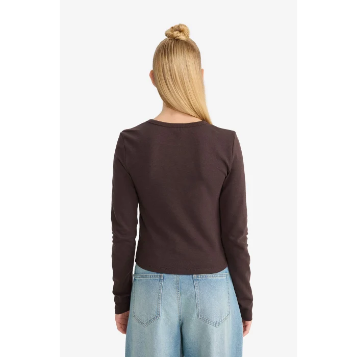 Defacto E7797AXBN267 Kahve Coool Fitted Bisiklet Yaka Ribana Uzun Kollu Tişört