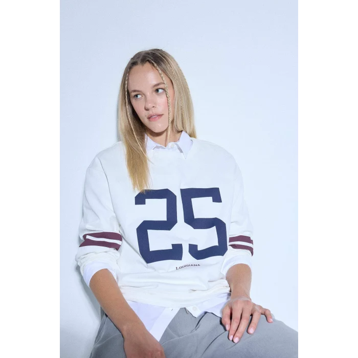 Defacto F8831AXER42 Ekru Loose Fit Bisiklet Yaka Baskılı Sweatshirt