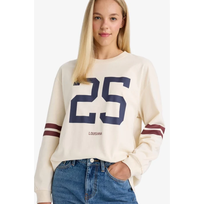 Defacto F8831AXER42 Ekru Loose Fit Bisiklet Yaka Baskılı Sweatshirt