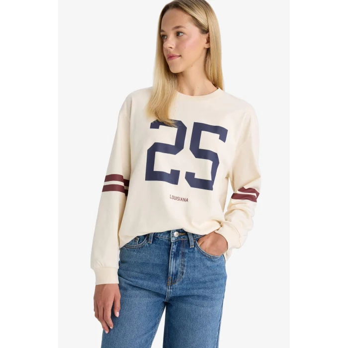 Defacto F8831AXER42 Ekru Loose Fit Bisiklet Yaka Baskılı Sweatshirt