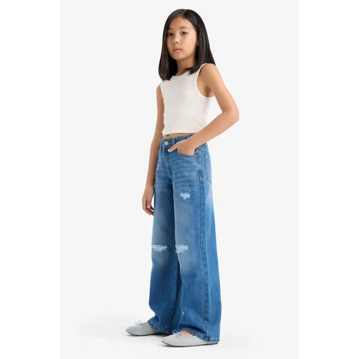 Defacto E5882A8NM28 Mavi Kız Çocuk Wide Leg Yırtık Detaylı Geniş Paça Jean Pantolon