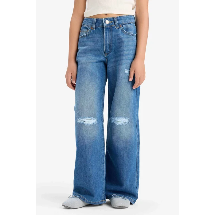 Defacto E5882A8NM28 Mavi Kız Çocuk Wide Leg Yırtık Detaylı Geniş Paça Jean Pantolon