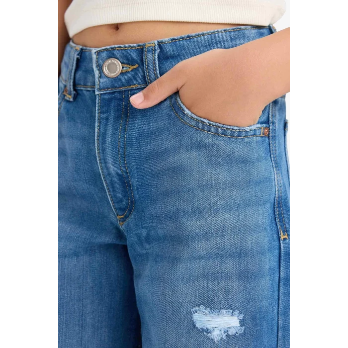 Defacto E5882A8NM28 Mavi Kız Çocuk Wide Leg Yırtık Detaylı Geniş Paça Jean Pantolon
