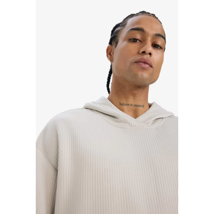 Defacto E9308AXGR437 Gri Boxy Fit Kapüşonlu Kanguru Cepli Jakarlı Sweatshirt