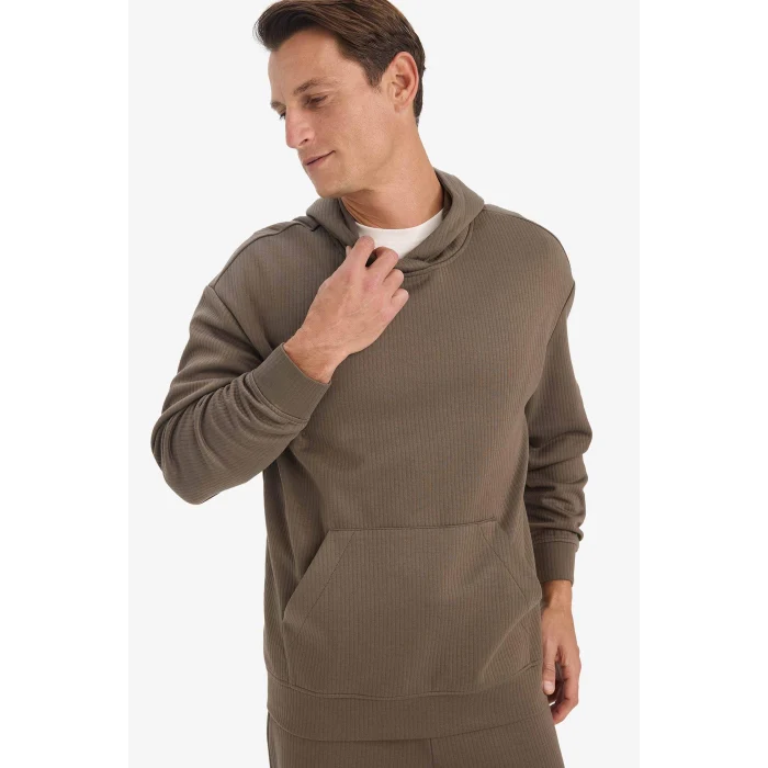 Defacto E9308AXBN571 Kahve Boxy Fit Kapüşonlu Kanguru Cepli Jakarlı Sweatshirt