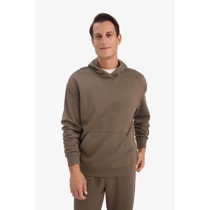 Defacto E9308AXBN571 Kahve Boxy Fit Kapüşonlu Kanguru Cepli Jakarlı Sweatshirt