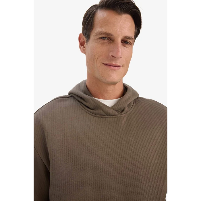 Defacto E9308AXBN571 Kahve Boxy Fit Kapüşonlu Kanguru Cepli Jakarlı Sweatshirt