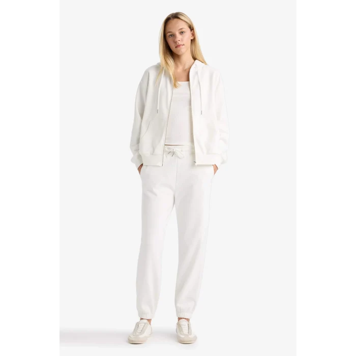 Defacto C1809AXER105 Ekru Relax Fit Kapüşonlu Basic Düz Kalın Fermuarlı Sweatshirt