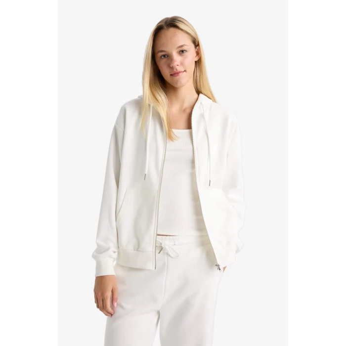 Defacto C1809AXER105 Ekru Relax Fit Kapüşonlu Basic Düz Kalın Fermuarlı Sweatshirt