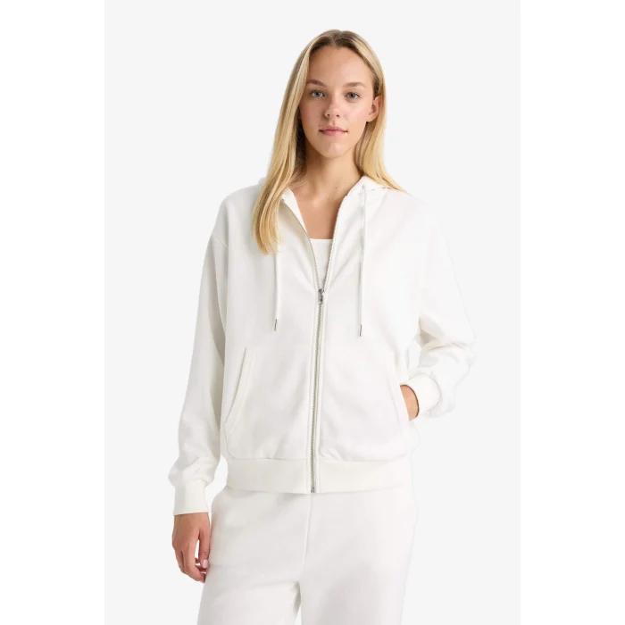 Defacto C1809AXER105 Ekru Relax Fit Kapüşonlu Basic Düz Kalın Fermuarlı Sweatshirt