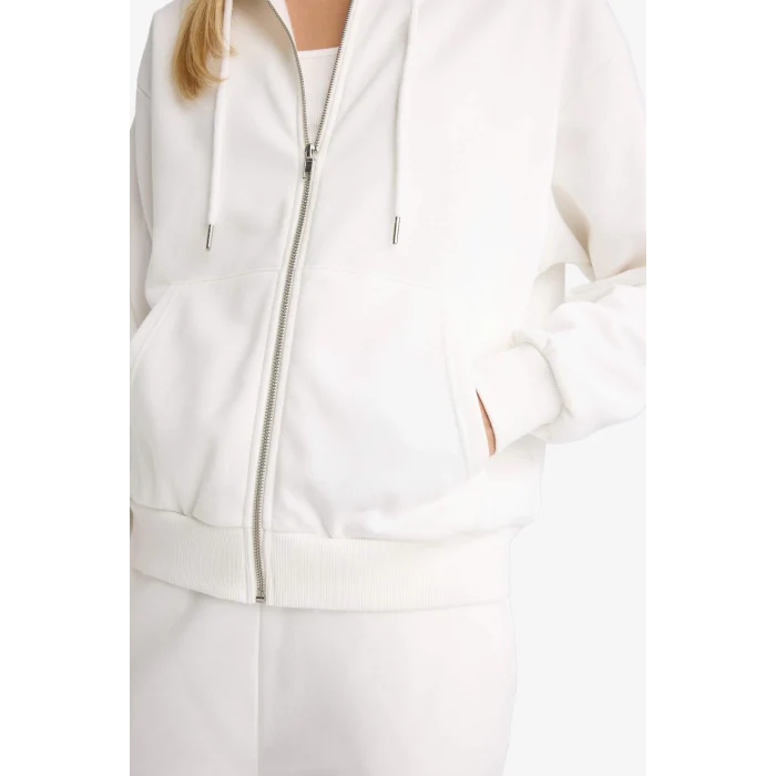 Defacto C1809AXER105 Ekru Relax Fit Kapüşonlu Basic Düz Kalın Fermuarlı Sweatshirt