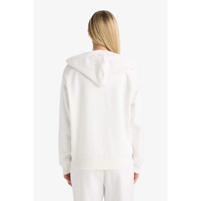 Defacto C1809AXER105 Ekru Relax Fit Kapüşonlu Basic Düz Kalın Fermuarlı Sweatshirt