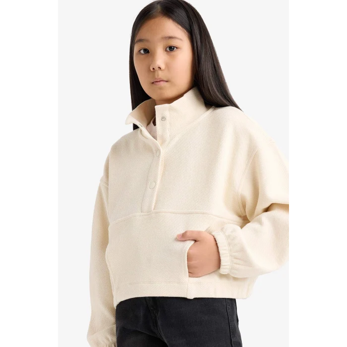 Defacto F0089A8ER140 Ekru Kız Çocuk Oversize Geniş Kalıp Çıtçıtlı Sweatshirt