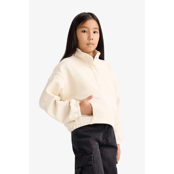 Defacto F0089A8ER140 Ekru Kız Çocuk Oversize Geniş Kalıp Çıtçıtlı Sweatshirt