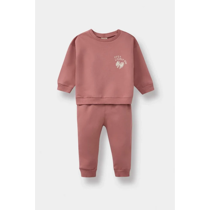 Defacto E8993A5BR103 Bordo Kız Bebek 2li Takım Baskılı Sweatshirt Eşofman Altı