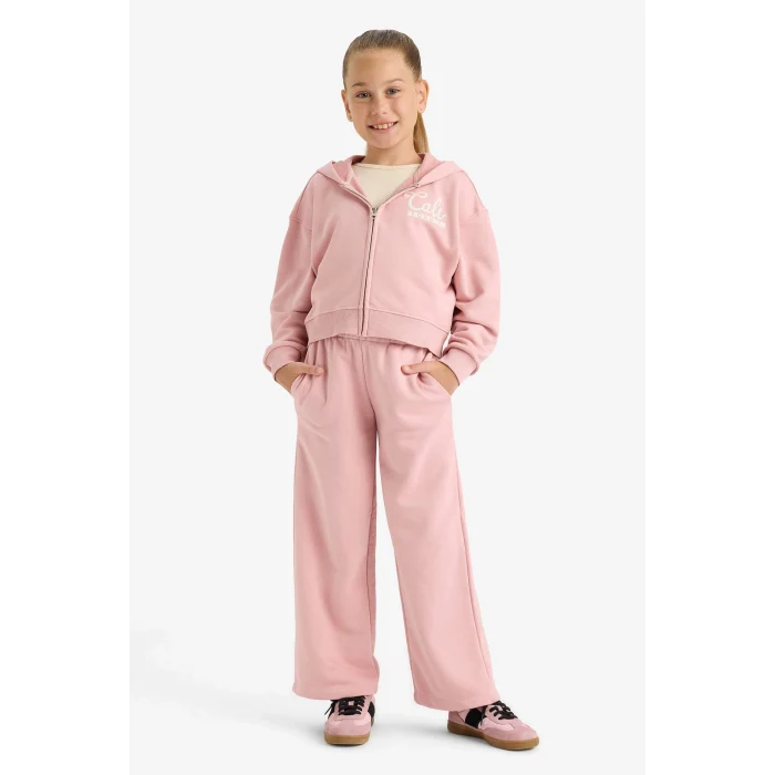 Defacto E6417A8BR138 Bordo Kız Çocuk 2li Takım Baskılı Kapüşonlu Fermuarlı Sweatshirt Eşofman Altı