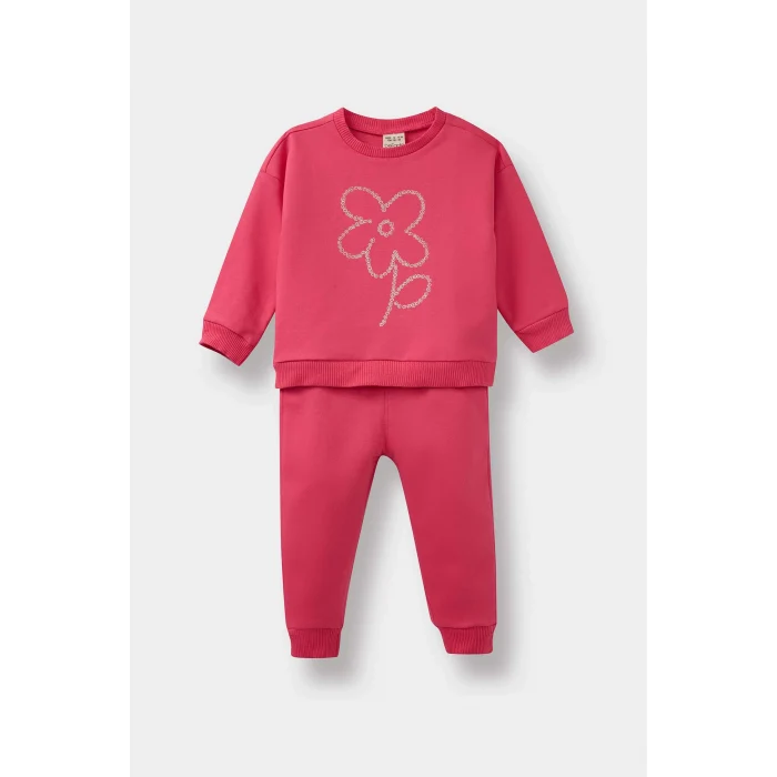 Defacto E8993A5PN168 Pembe Kız Bebek 2li Takım Çiçekli Sweatshirt Eşofman Altı