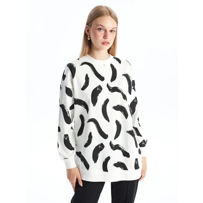 LCW Modest Siyah Bisiklet Yaka Desenli Kadın Sweatshirt Tunik