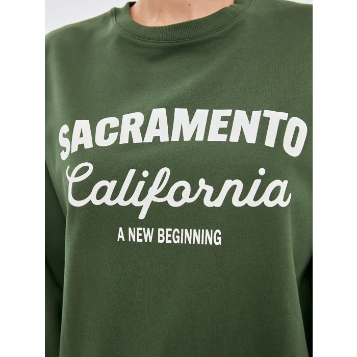 LCW Modest Yeşil Bisiklet Yaka Baskılı Kadın Sweatshirt Tunik