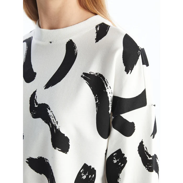 LCW Modest Siyah Bisiklet Yaka Desenli Kadın Sweatshirt Tunik