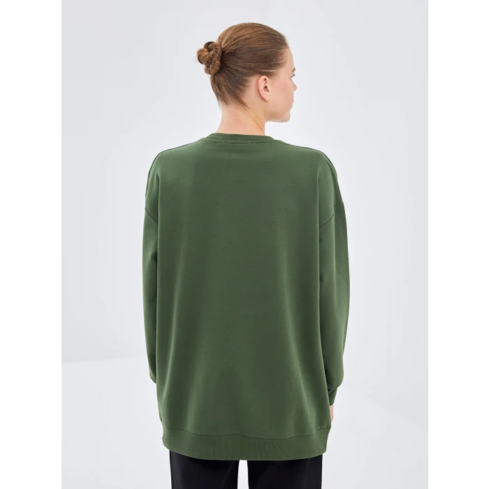 LCW Modest Yeşil Bisiklet Yaka Baskılı Kadın Sweatshirt Tunik