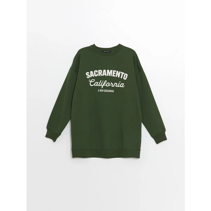 LCW Modest Yeşil Bisiklet Yaka Baskılı Kadın Sweatshirt Tunik