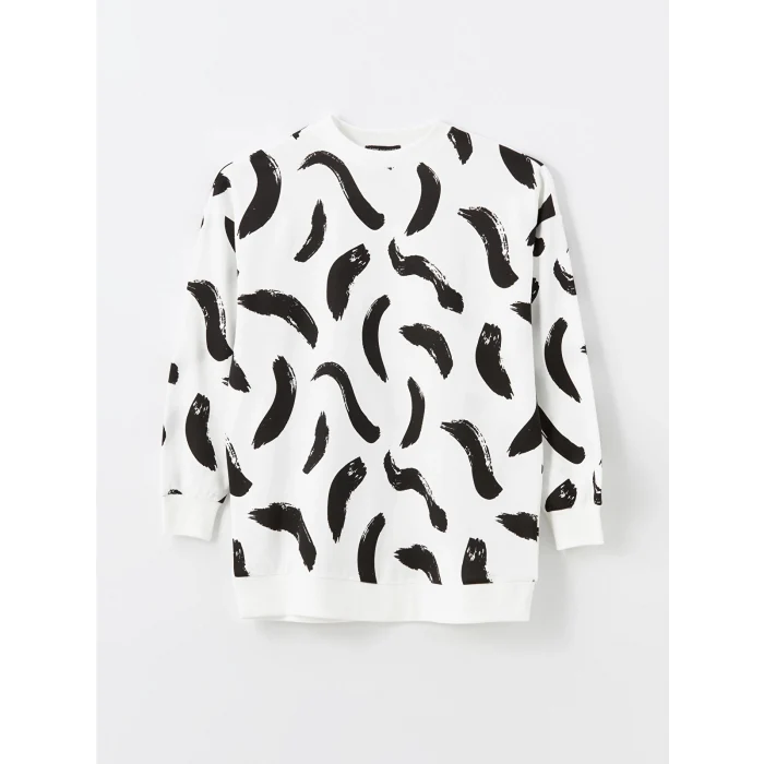 LCW Modest Siyah Bisiklet Yaka Desenli Kadın Sweatshirt Tunik