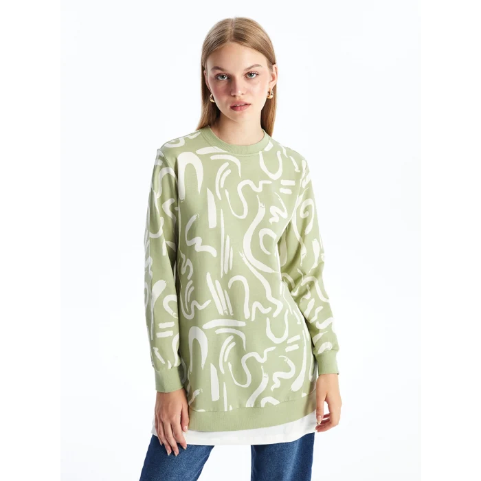LCW Modest Yeşil Bisiklet Yaka Desenli Kadın Sweatshirt Tunik