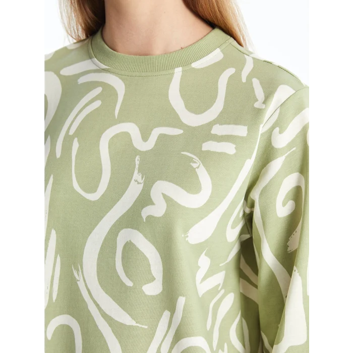 LCW Modest Yeşil Bisiklet Yaka Desenli Kadın Sweatshirt Tunik