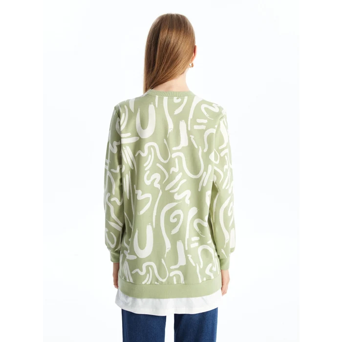 LCW Modest Yeşil Bisiklet Yaka Desenli Kadın Sweatshirt Tunik