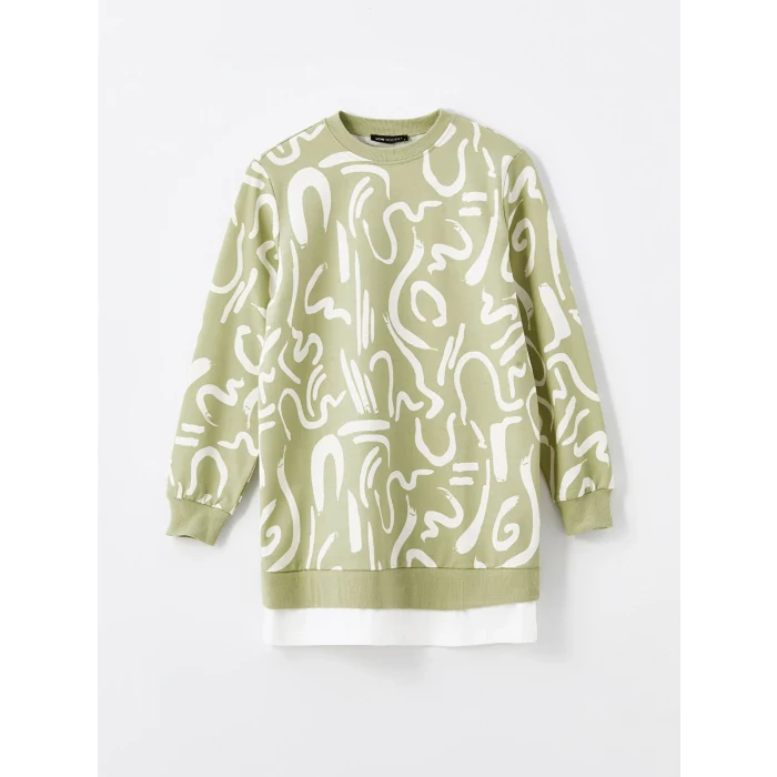 LCW Modest Yeşil Bisiklet Yaka Desenli Kadın Sweatshirt Tunik